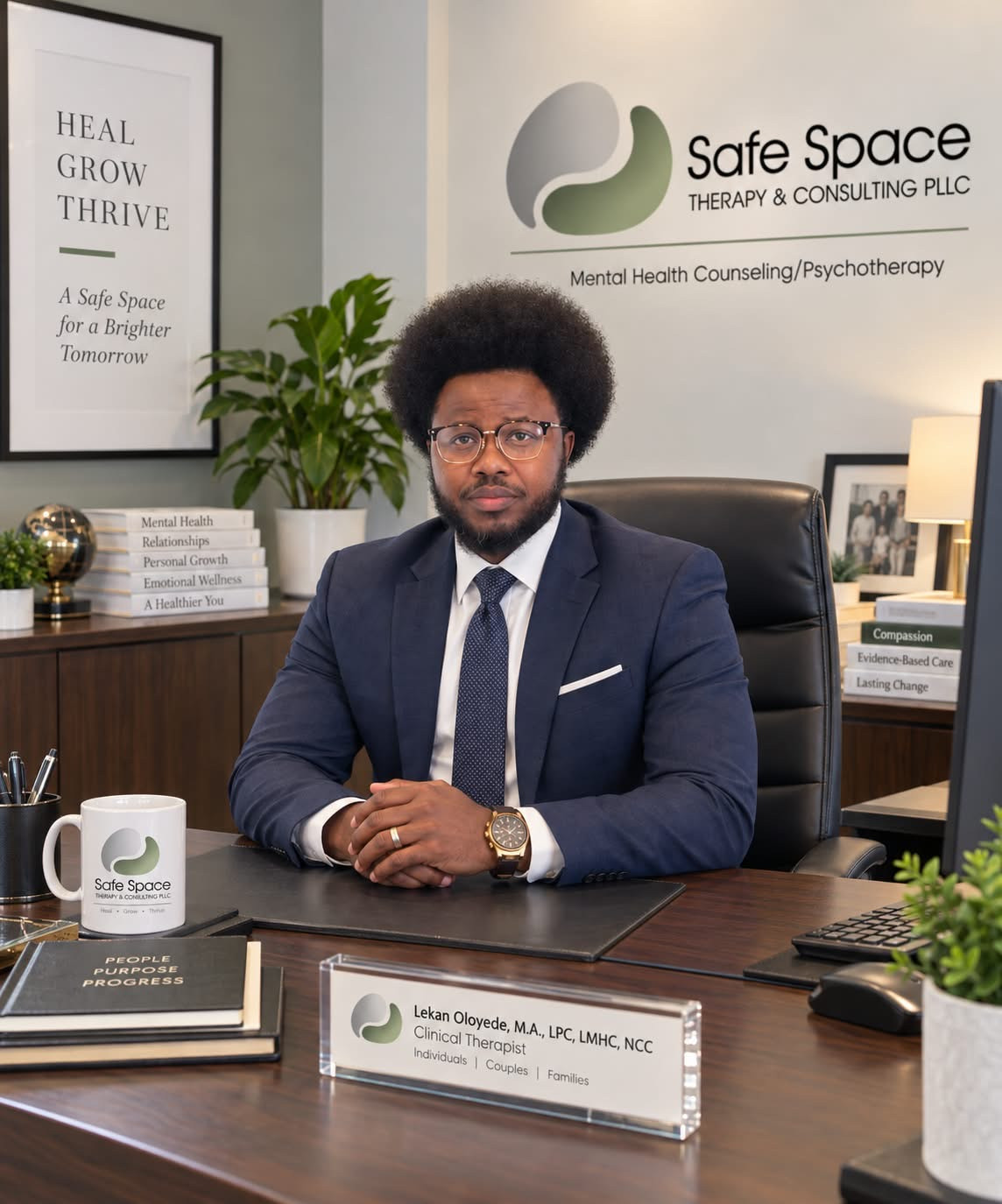 Safe Space Therapy Practice — Acrylic Desk Sign, Mug, and Professional Setting
